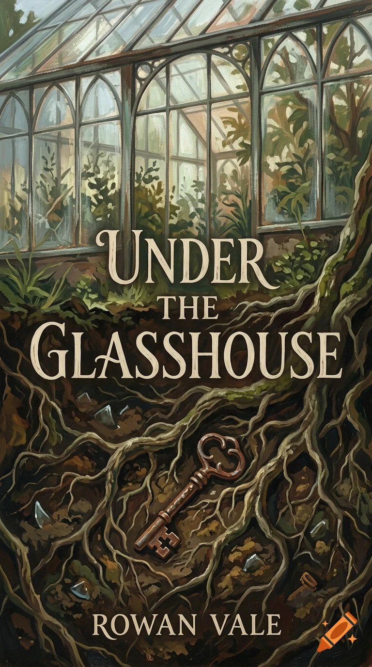 An oil painting of a glasshouse above ground with tangled tree roots and an old key buried in the soil below, with title text Under The Glasshouse.