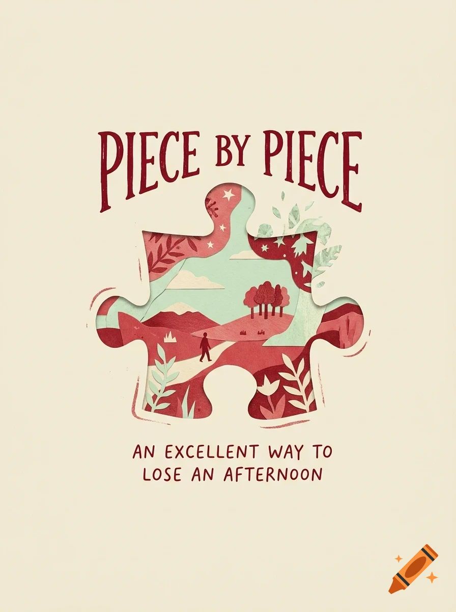 A poster with the text PIECE BY PIECE featuring a large puzzle piece cutout revealing a stylized landscape with a person walking, trees, and mountains.