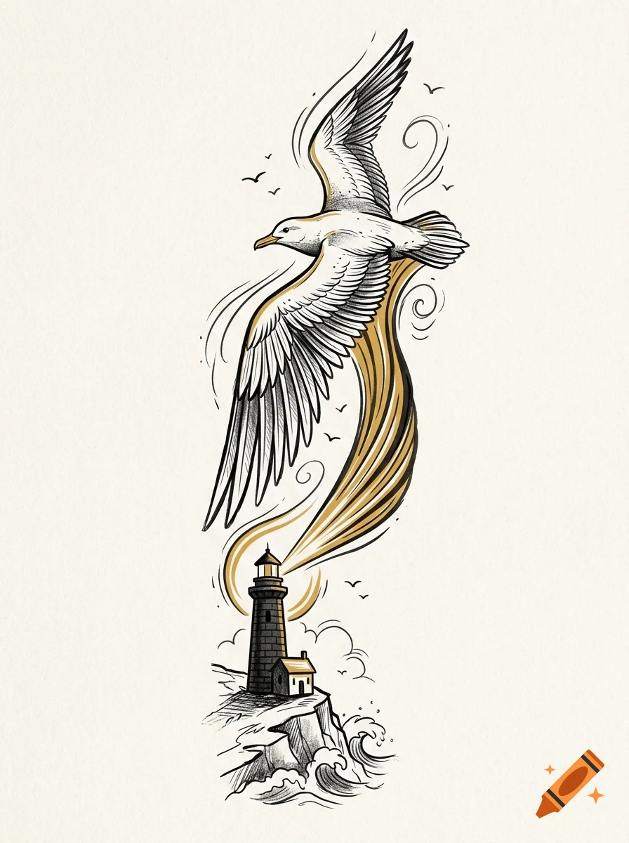 An ink and pencil illustration of a seagull flying above a coastal lighthouse on a cliff with ocean waves.