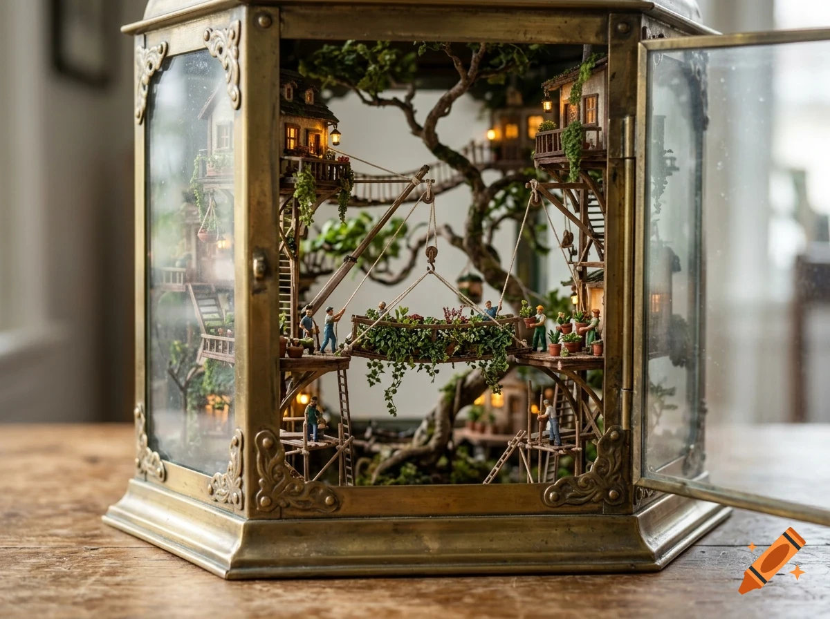 A detailed miniature treehouse diorama enclosed in a brass and glass terrarium case, featuring tiny figures working among illuminated wooden platforms.