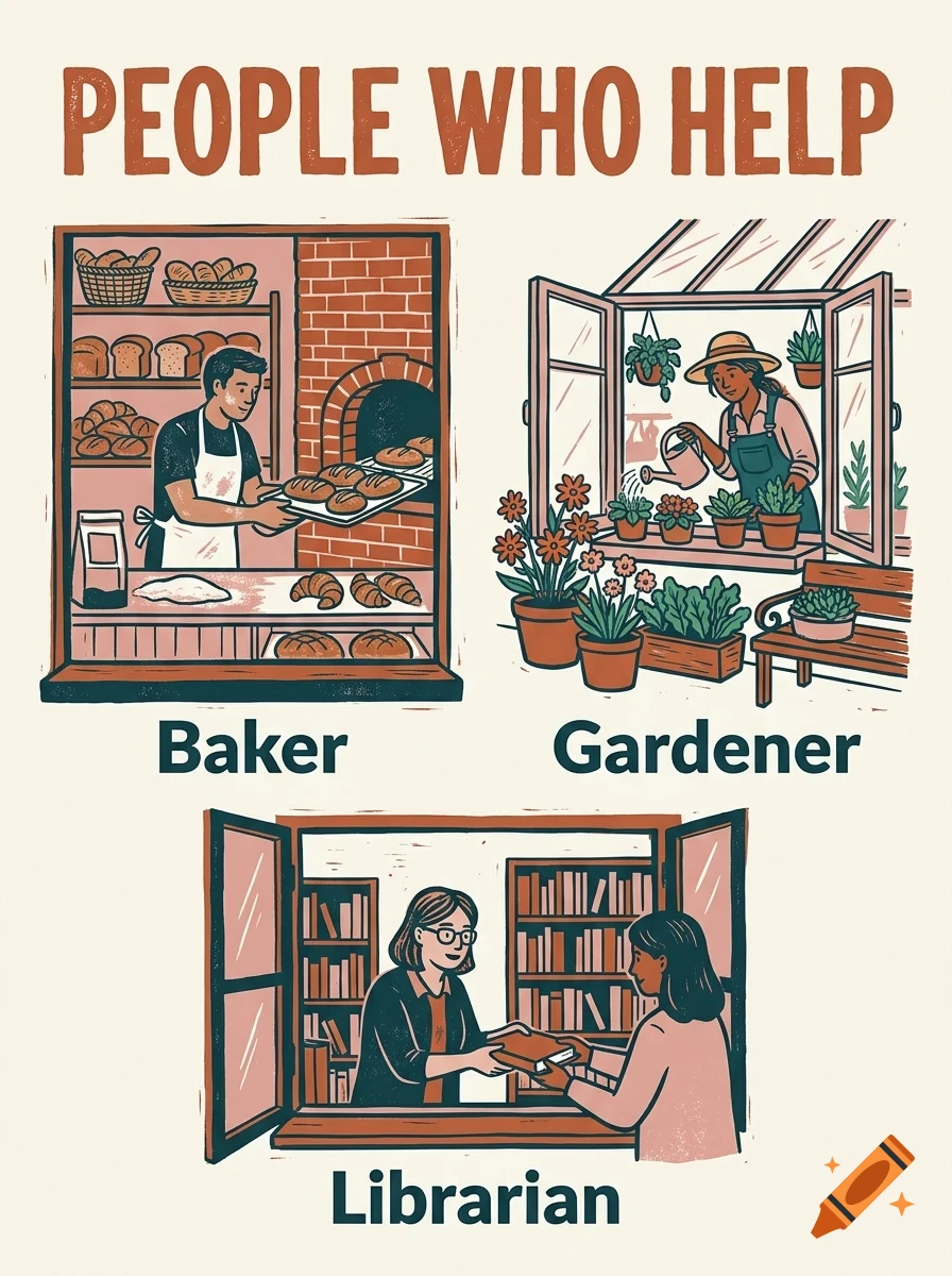An illustrated educational poster titled People Who Help featuring a baker, a gardener, and a librarian with captions.