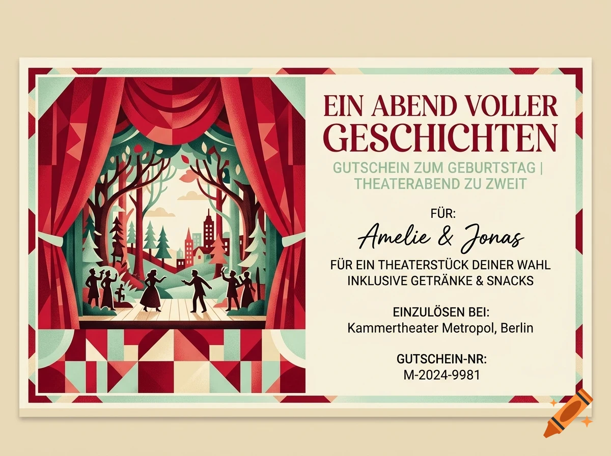 A theater gift voucher featuring a stage illustration on the left and German text on the right.