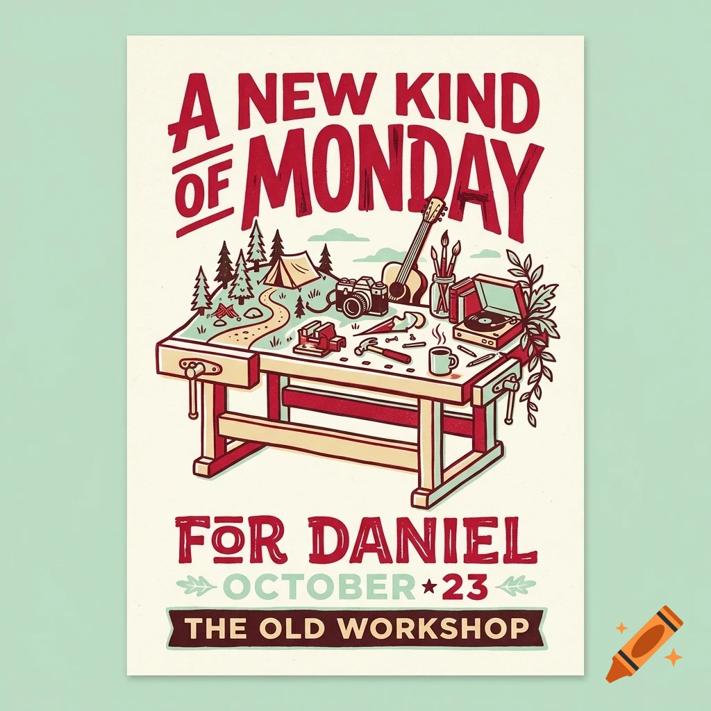 An illustrated poster with red lettering reading 'A New Kind Of Monday' over a workbench depicting a miniature landscape with a tent, trees, camera, guitar, and record player, followed by 'For Daniel | October 23 | The Old Workshop'.