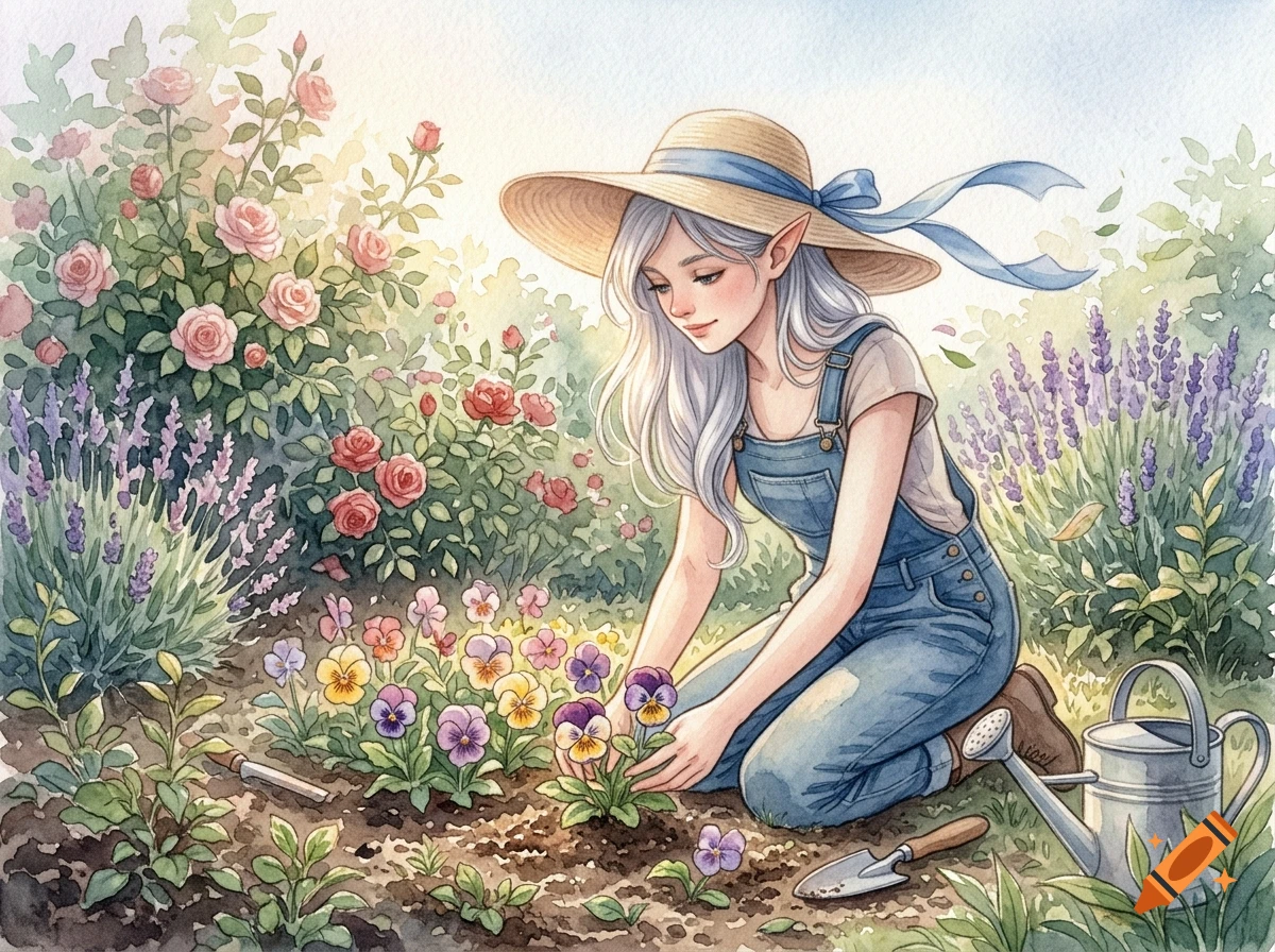 Watercolor illustration of an elf girl with silver hair wearing a sun hat and overalls, planting pansies in a vibrant garden.