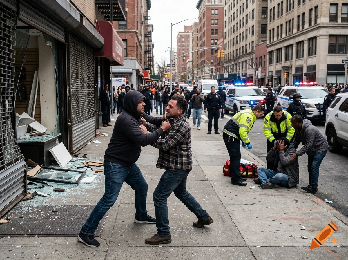 Photorealistic street scene of a physical altercation on a sidewalk with police cars and emergency responders in the background.