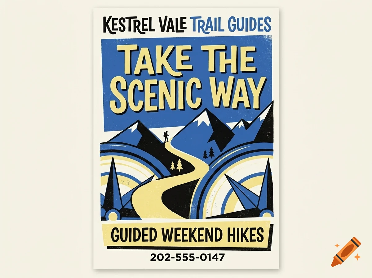 A vintage-style poster features mountains, a winding trail, and a hiker, accompanied by text promoting guided weekend hikes.