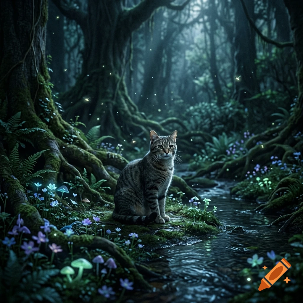 A tabby cat sitting by a stream in a magical, glowing forest with moss-covered trees and fireflies. Photorealistic style.