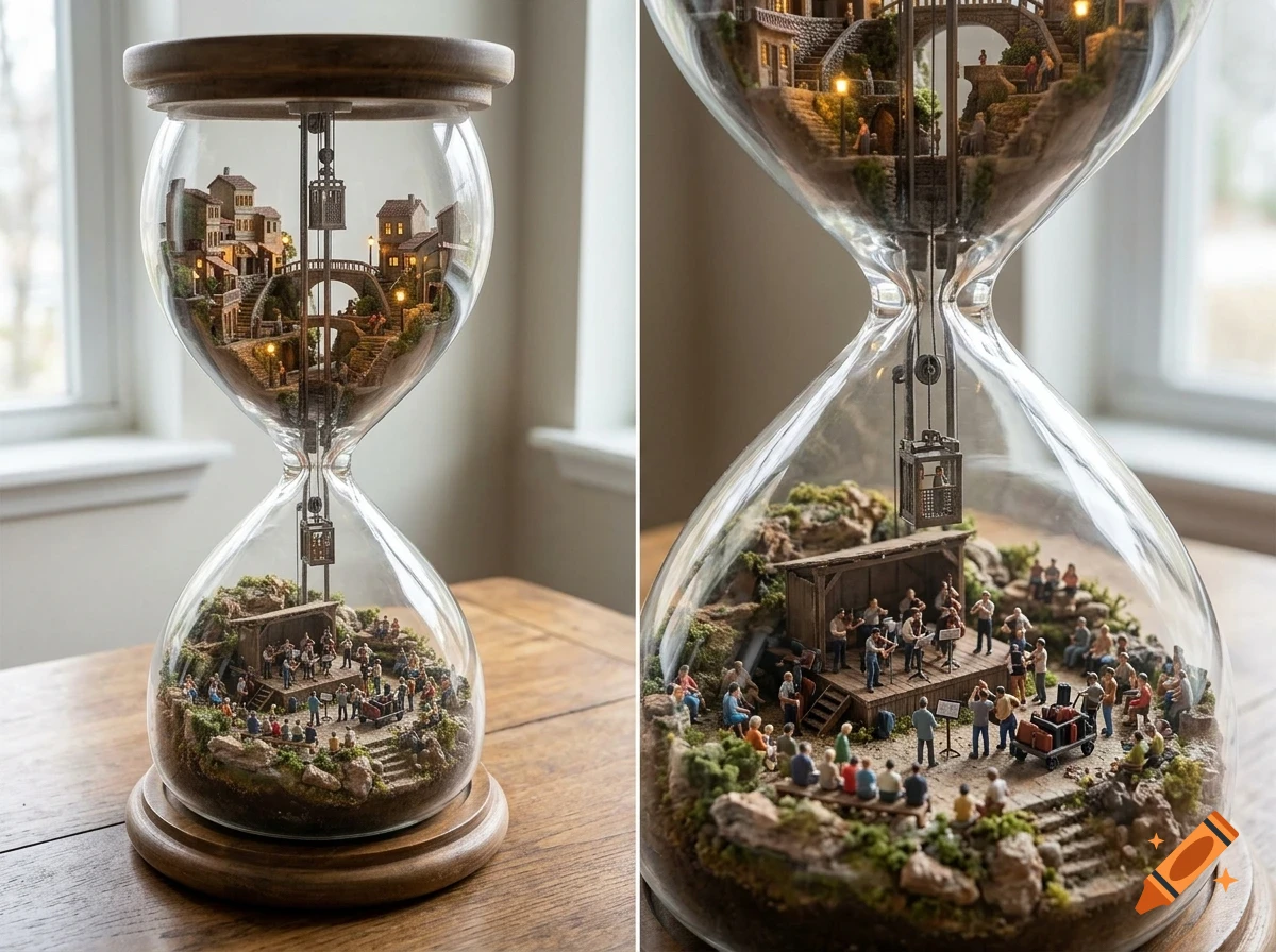 An hourglass sculpture containing a miniature village on top and a band performing for an audience below, with a small elevator mechanism connecting them.