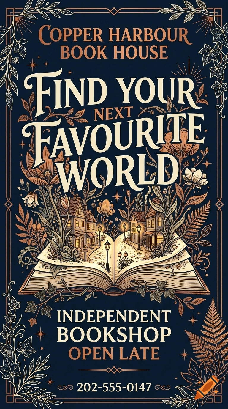 An illustrated poster design featuring an open book with miniature houses and foliage growing from its pages, surrounded by decorative borders and lettering.