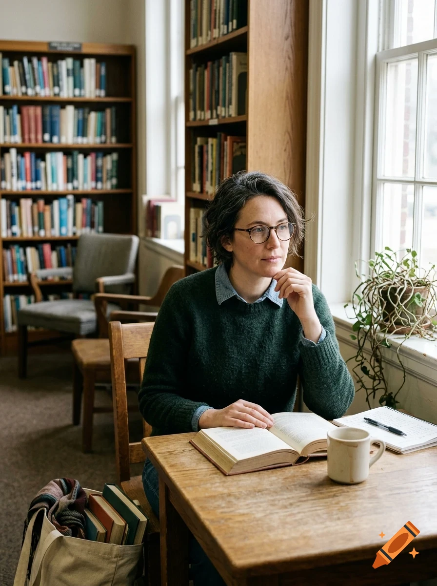 A woman wearing glasses and a green sweater sits at a wooden table in a library, reading a book.