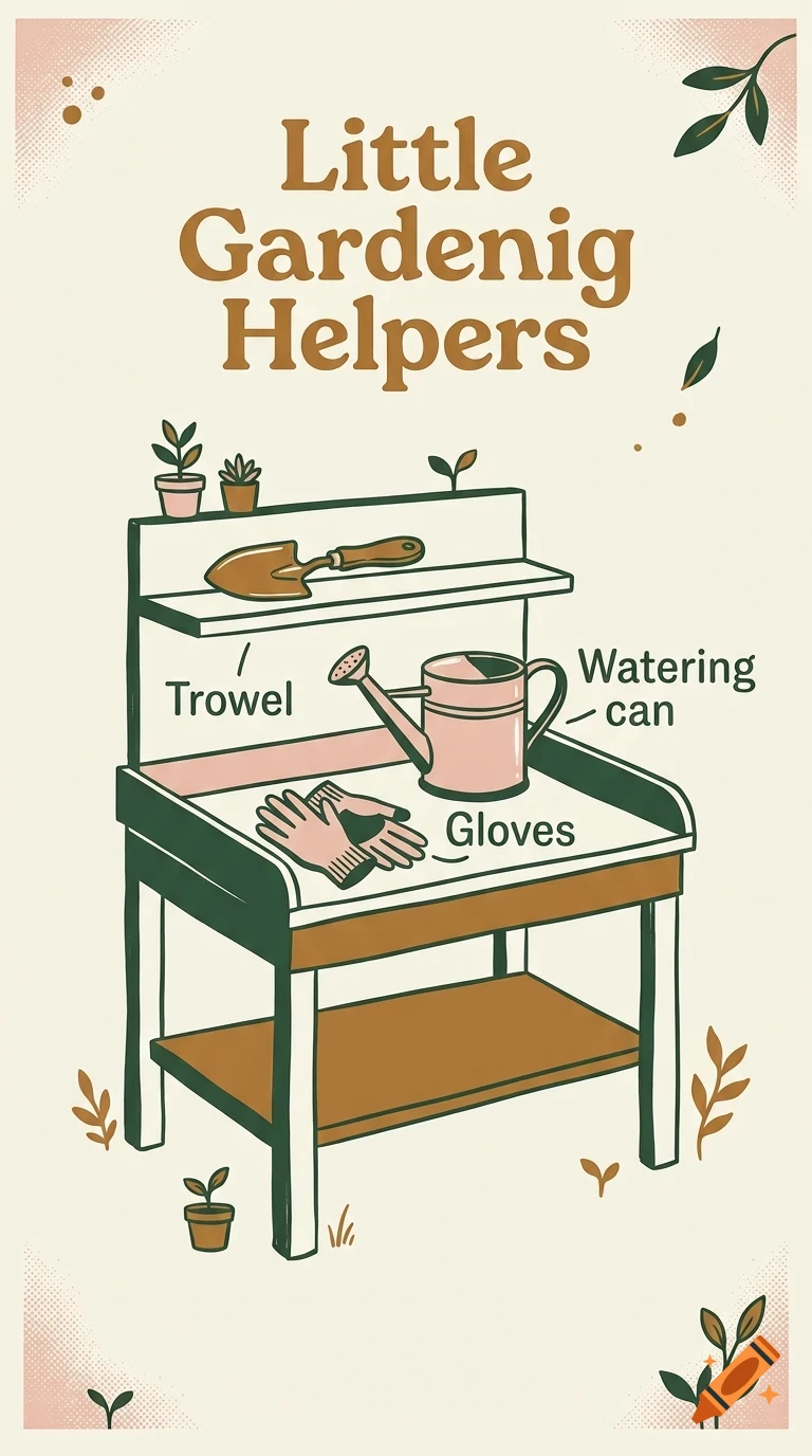 An educational illustration of a potting bench with garden tools labeled Trowel, Watering can, and Gloves.