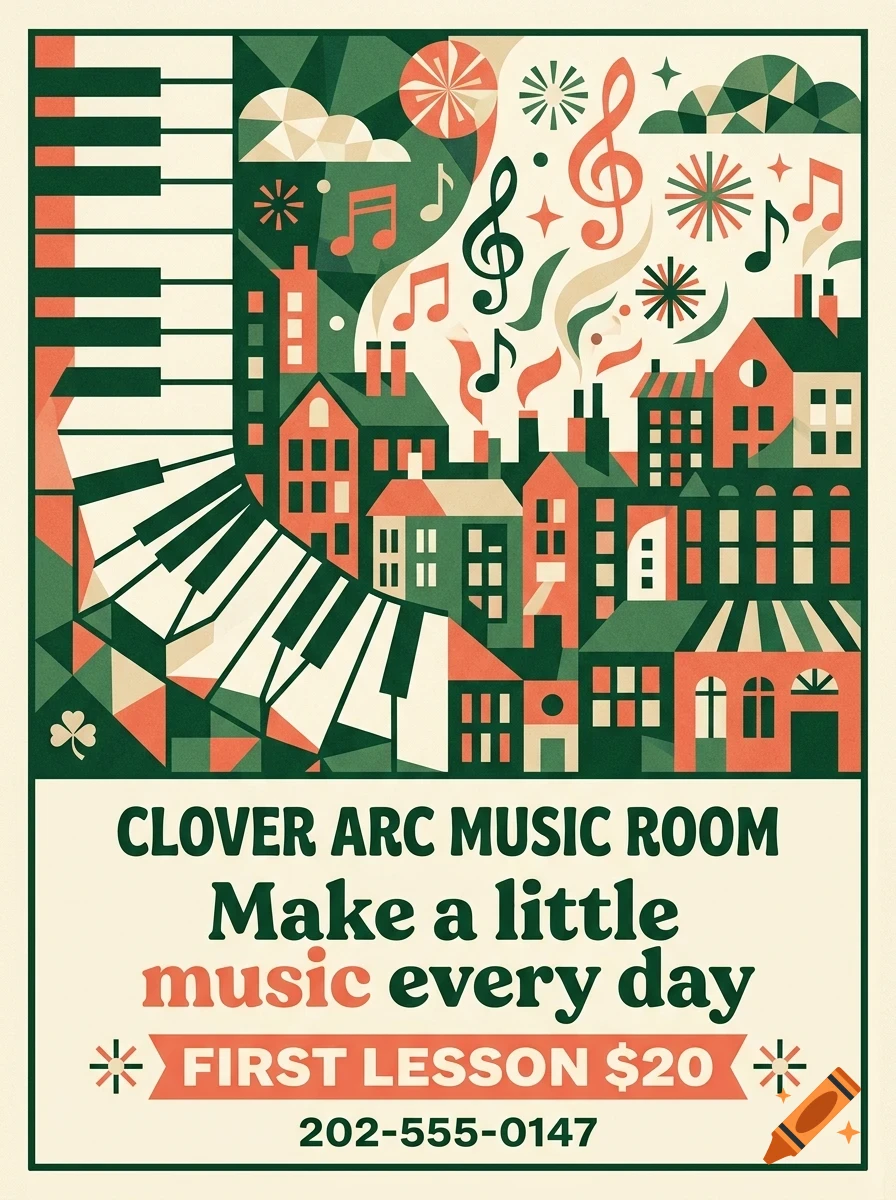 An illustrated poster advertising Clover Arc Music Room with a stylized piano keyboard curving over a cityscape and musical notes.