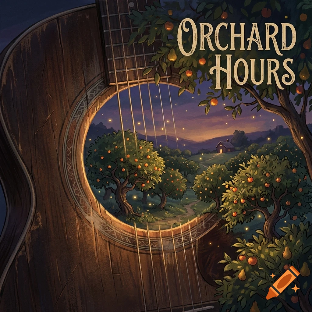 An acoustic guitar body framing a nighttime orchard landscape with trees bearing fruit, fireflies, and a small house, with the text Orchard Hours.