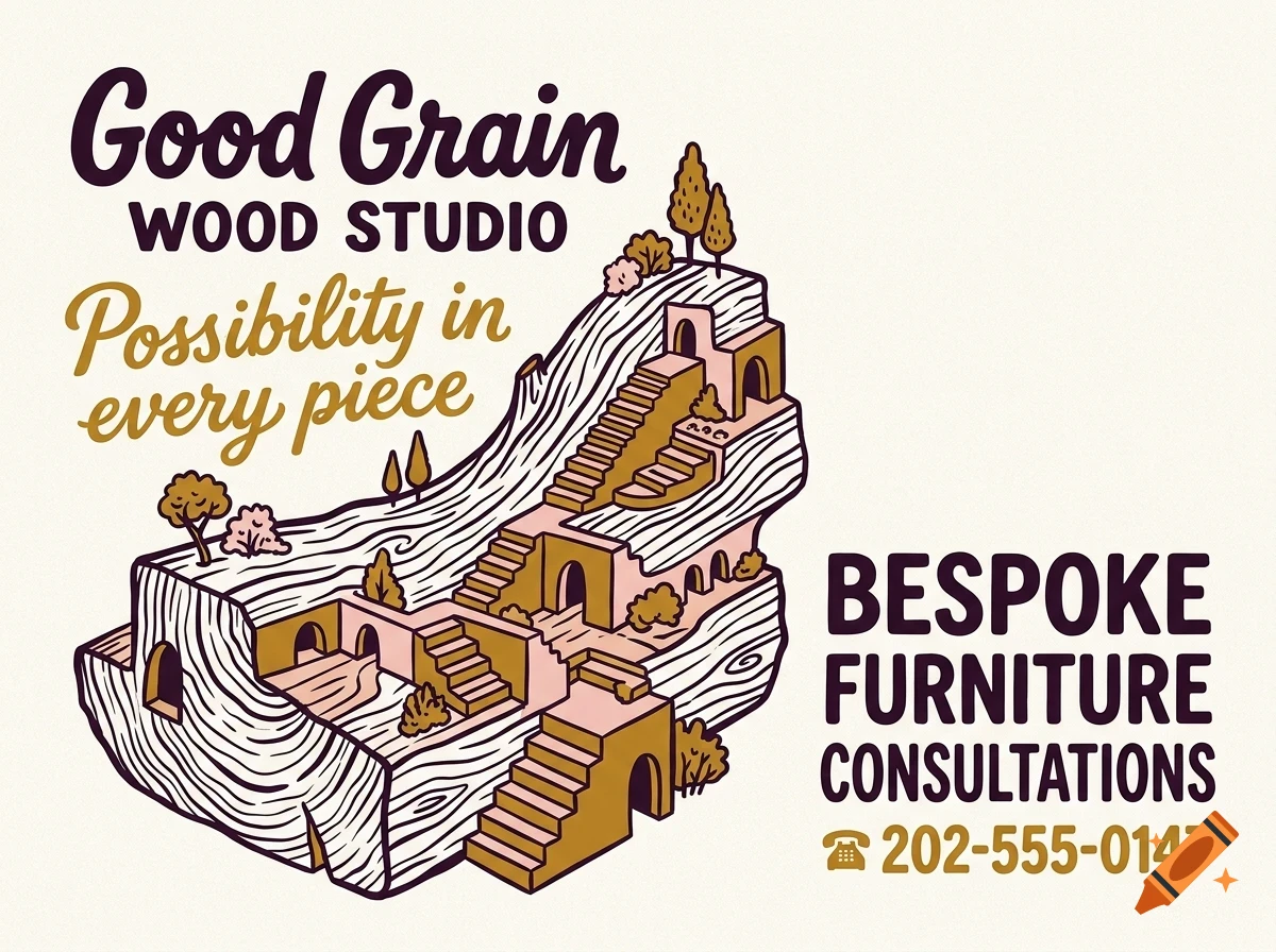 An illustration of a cross-section of a wooden log featuring miniature staircases, archways, and small trees on its surface, accompanied by text.