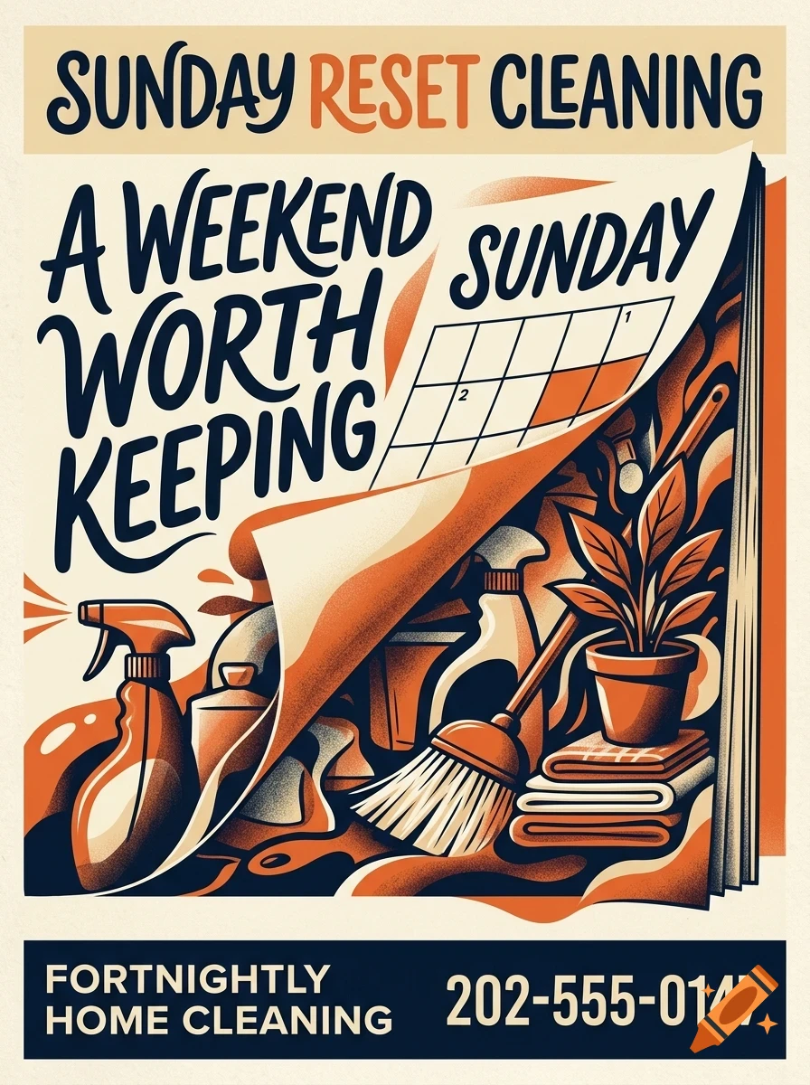 An illustrated poster advertising 'Sunday Reset Cleaning' with lettering, cleaning supplies, a calendar, and a broom peeling back a page.