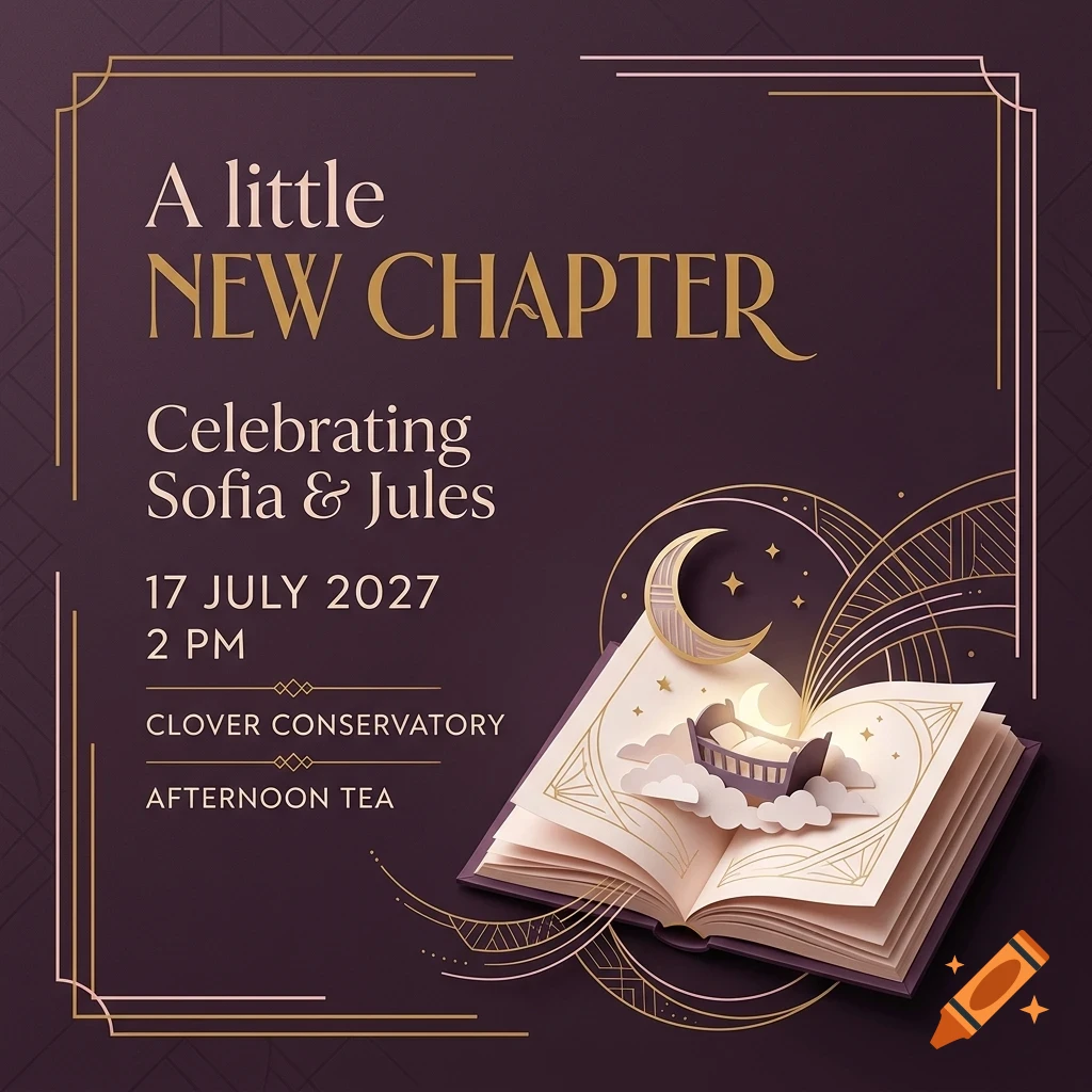 An invitation design with dark purple background, gold borders, text reading A little NEW CHAPTER Celebrating Sofia & Jules, and an open pop-up book illustration with a crescent moon and bassinet.