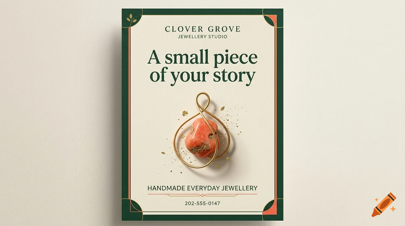 A poster mockup for Clover Grove Jewellery Studio featuring a piece of jewelry with an orange stone and gold wire design.