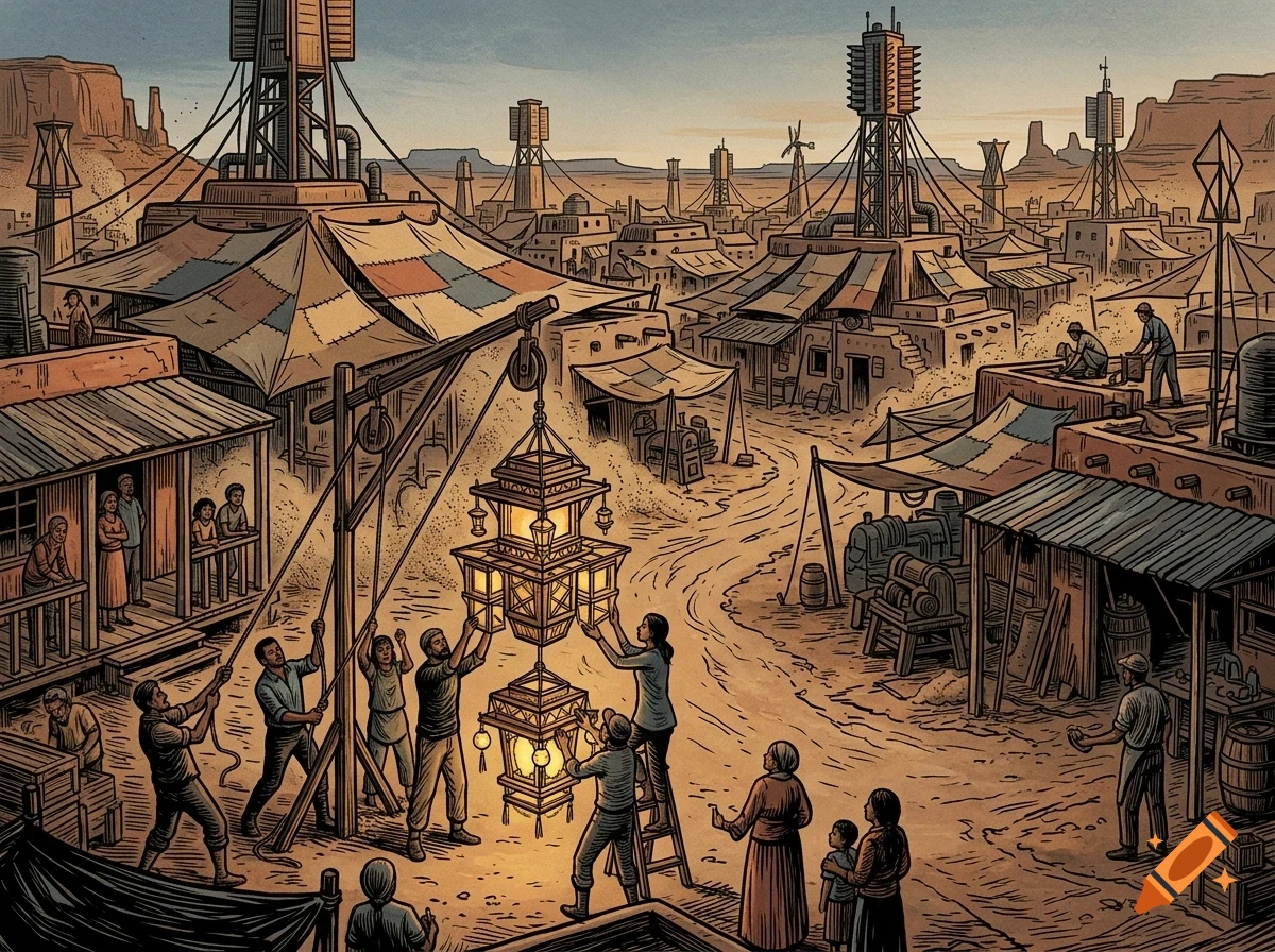 An illustrated scene of people working together in a desert town to hoist a large glowing lantern structure.