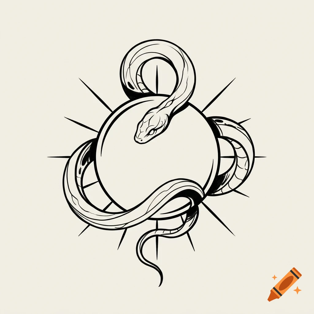 Black and white line art of a snake coiled around a sphere with radiating lines.