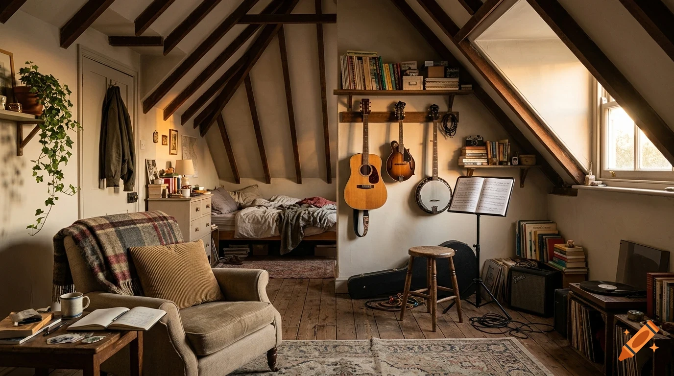 An attic room with sloped wooden beams, a bed, an armchair, and musical instruments hanging on the wall.