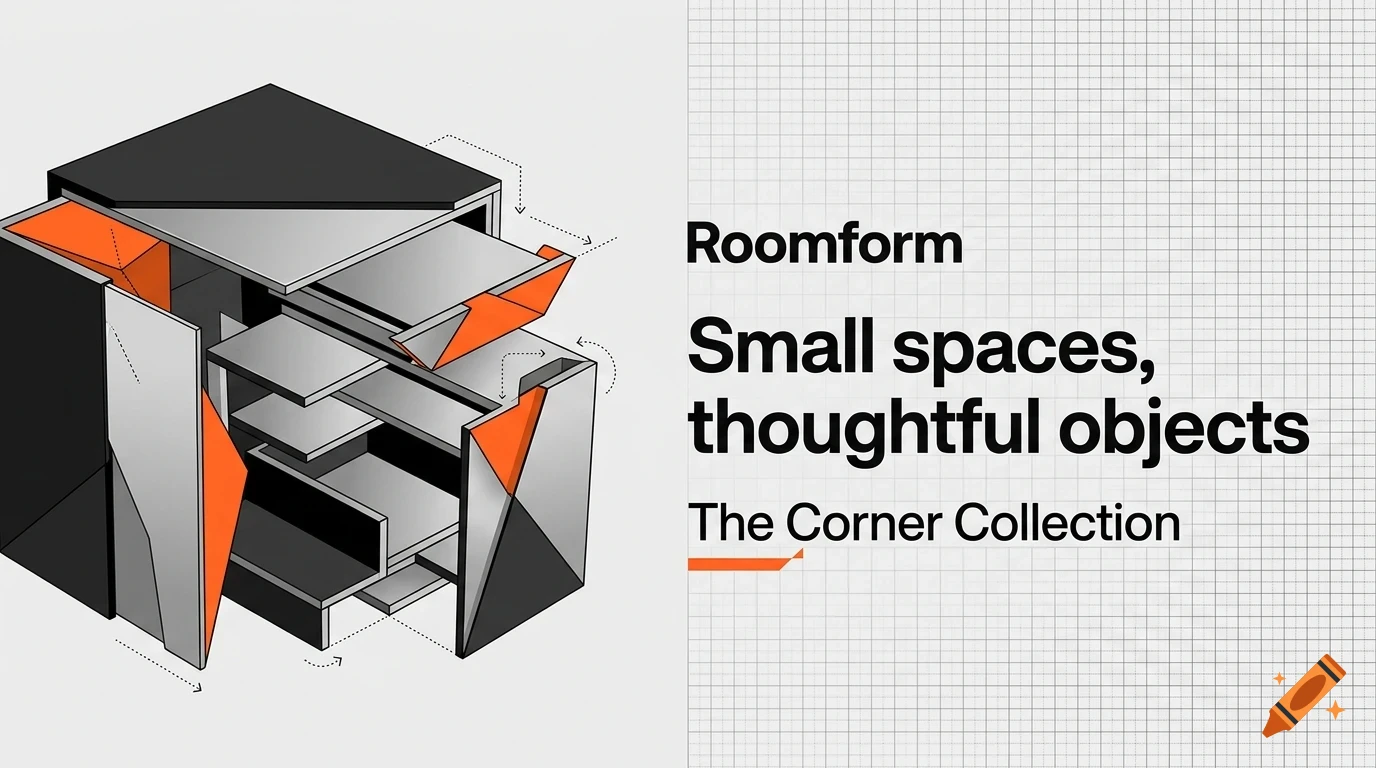 An axonometric illustration of a modular cabinet design with open drawers and compartments, set against a grid background with accompanying typography.