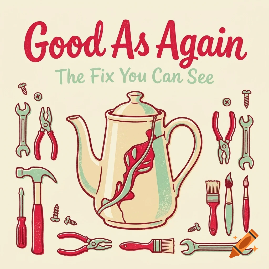 An illustrated poster with the text 'Good As Again' and 'The Fix You Can See', featuring a broken teapot surrounded by various tools like wrenches, hammers, and paintbrushes.