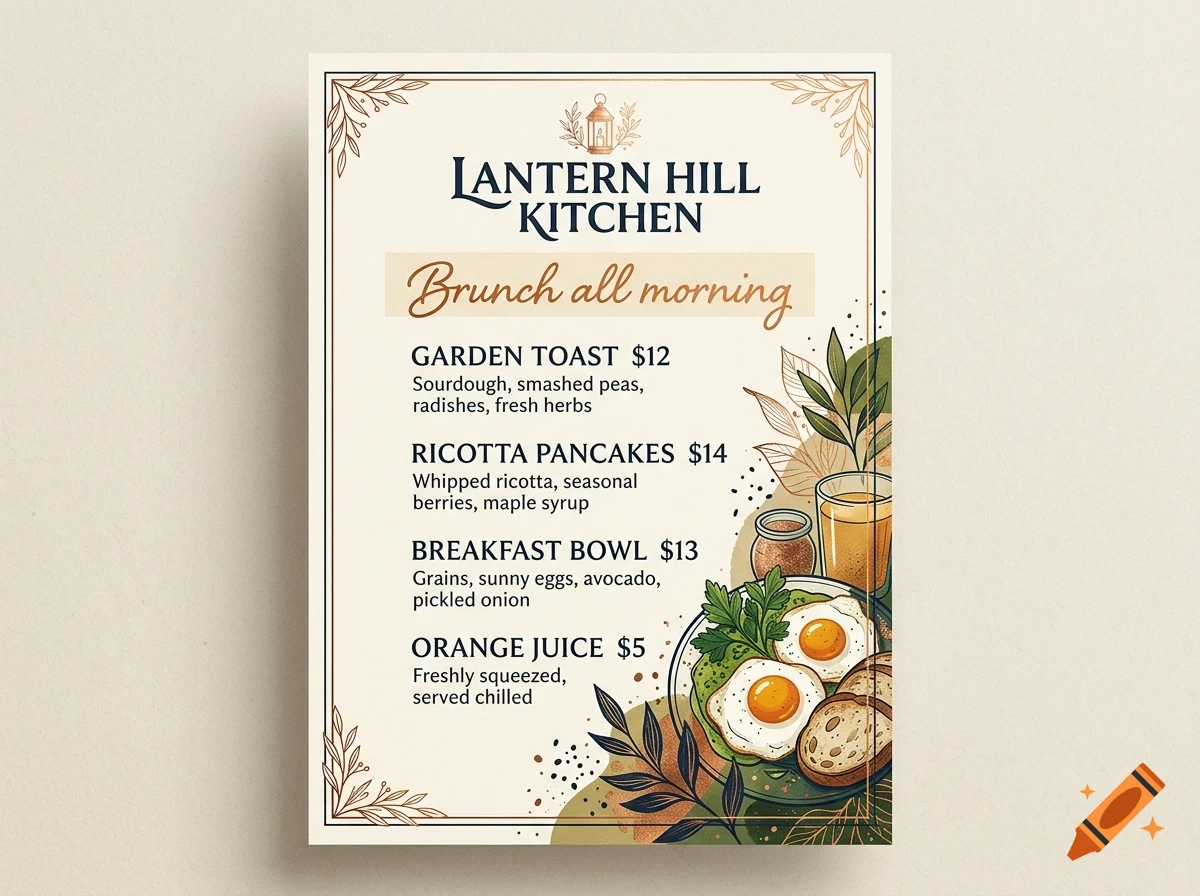 A restaurant menu for Lantern Hill Kitchen featuring brunch items like garden toast, ricotta pancakes, and breakfast bowl with illustrated food.