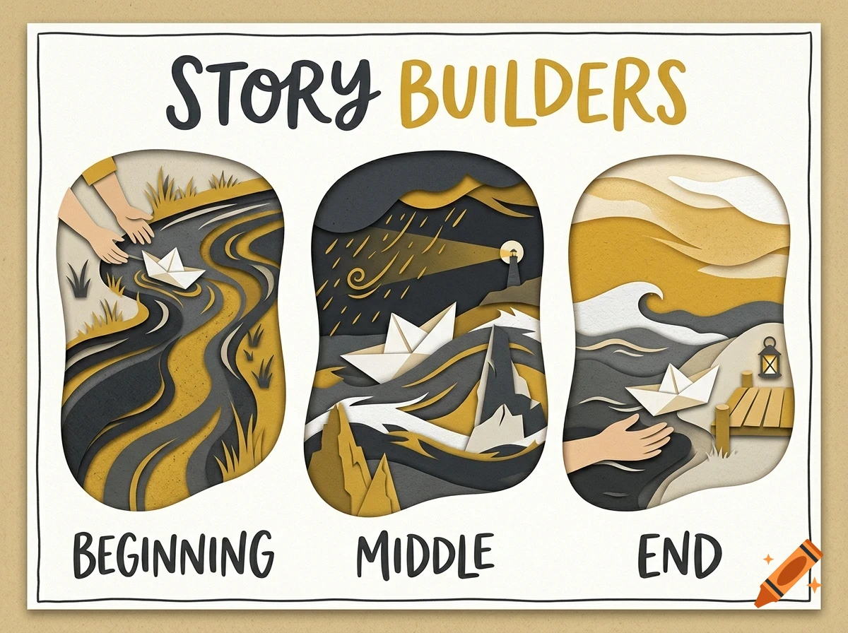 An educational poster titled Story Builders featuring three layered paper-cut style illustrations showing the beginning, middle, and end of a story involving a paper boat.