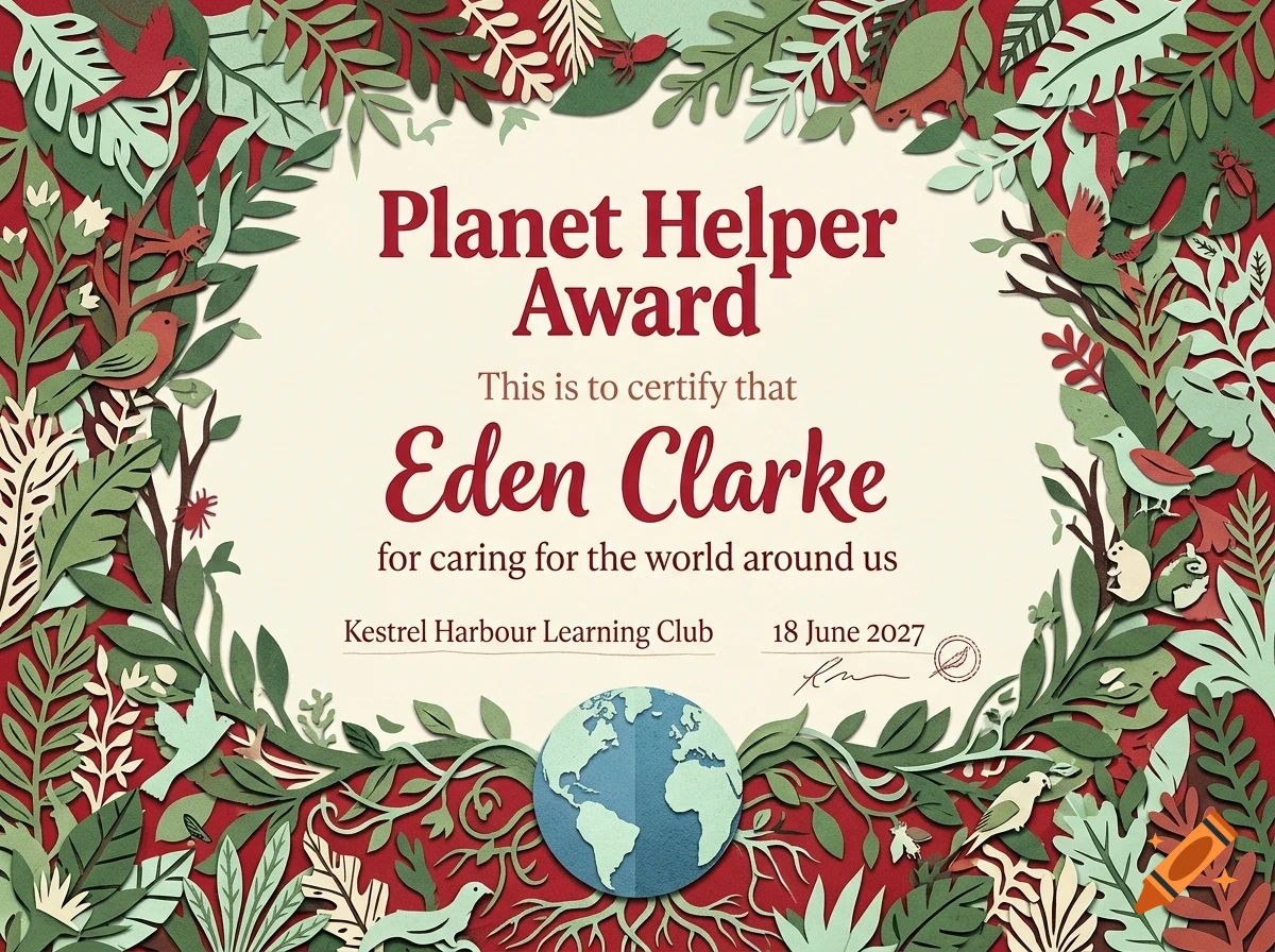An award certificate titled Planet Helper Award framed by paper-cut style foliage, birds, and a globe at the bottom.