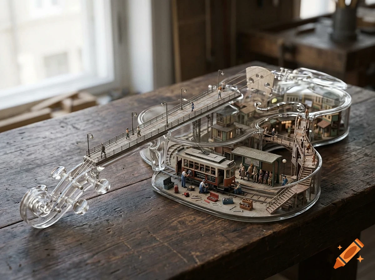 A detailed miniature city and tram system built inside a transparent, hollowed-out violin resting on a rustic wooden table.