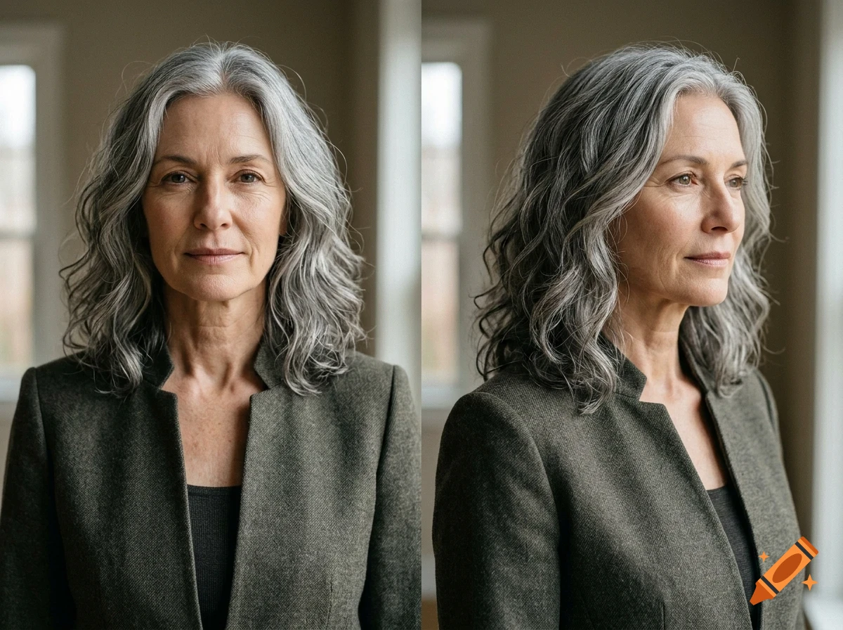 Portrait of an older woman with wavy grey hair wearing an olive-green blazer, shown from the front and profile.