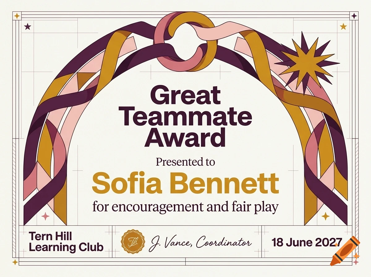 An award certificate featuring decorative ribbon arches and the text Great Teammate Award presented to Sofia Bennett.