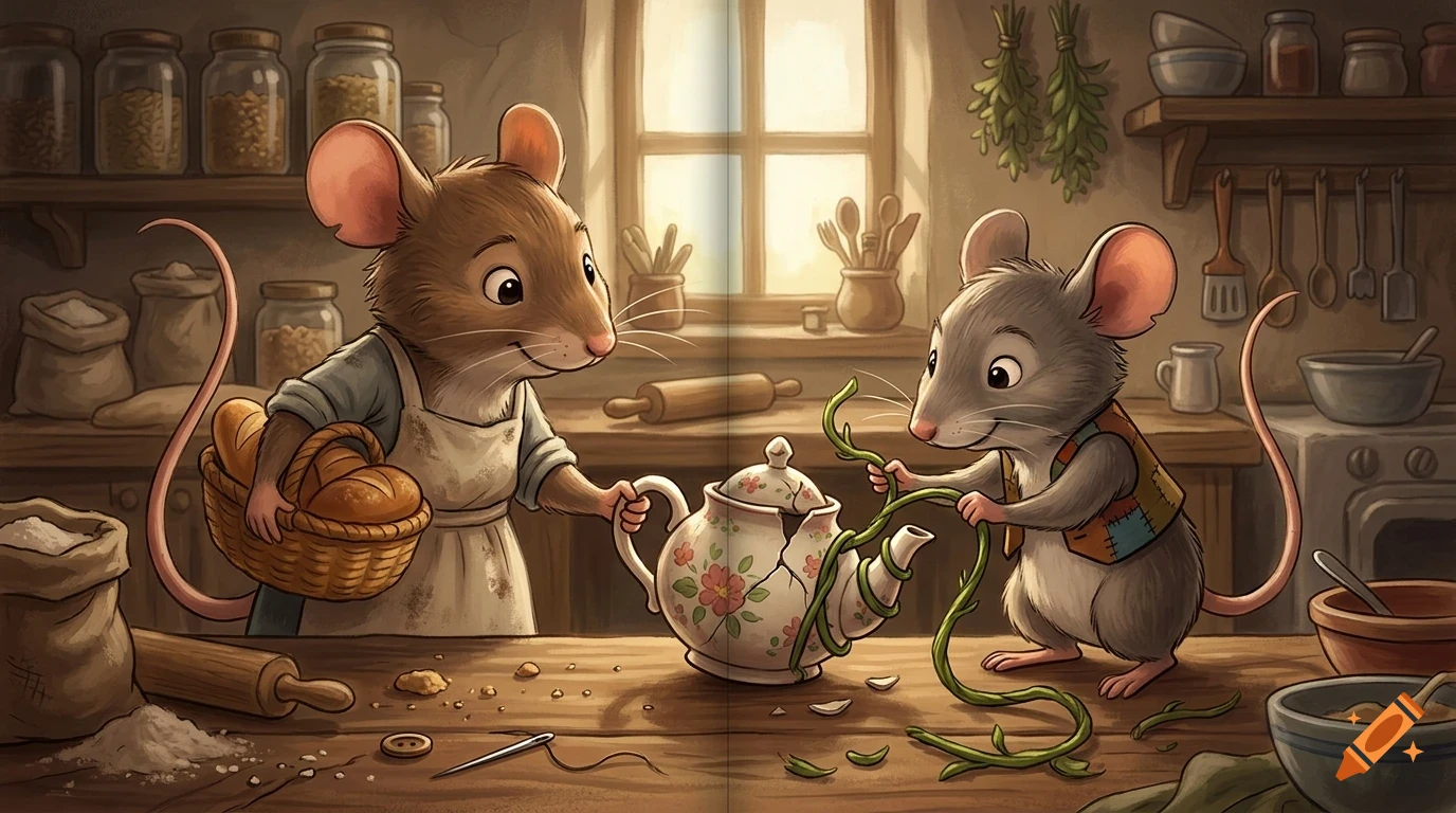 Two anthropomorphic mice in a rustic kitchen, one holding a bread basket and the other tying vines around a teapot.