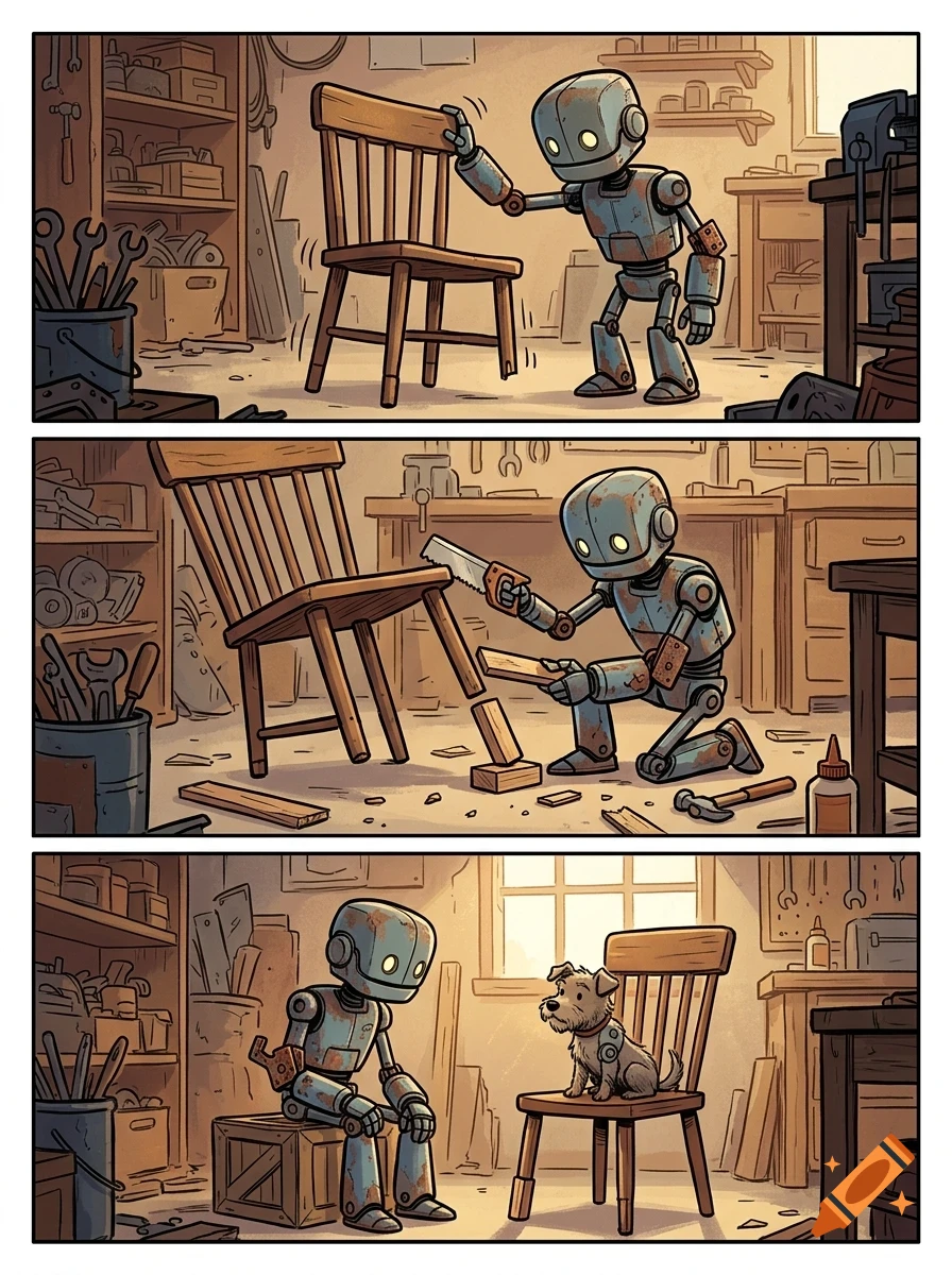A three-panel comic illustration of a small robot fixing a wooden chair in a workshop, eventually sitting with a small dog.
