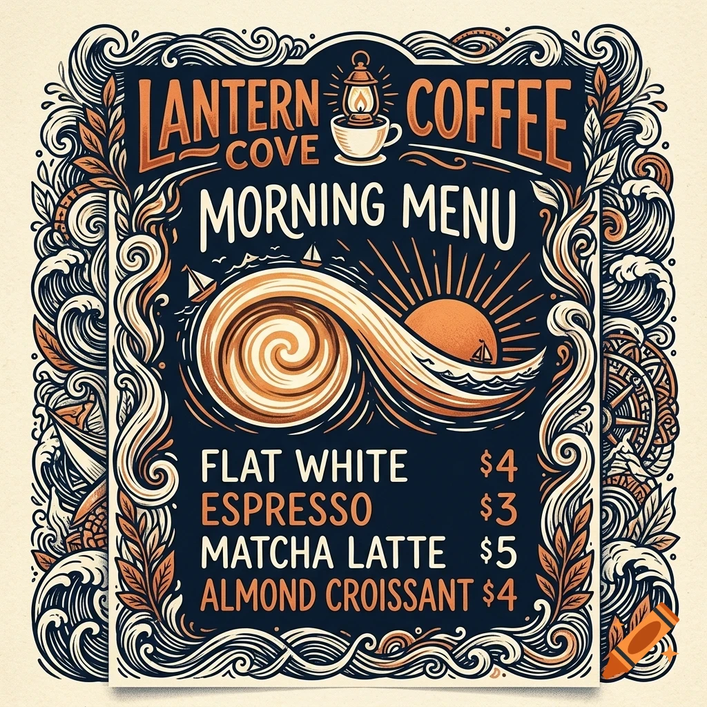 An ornate illustrated menu for Lantern Cove Coffee featuring a sunrise, waves, and items like Flat White and Espresso.