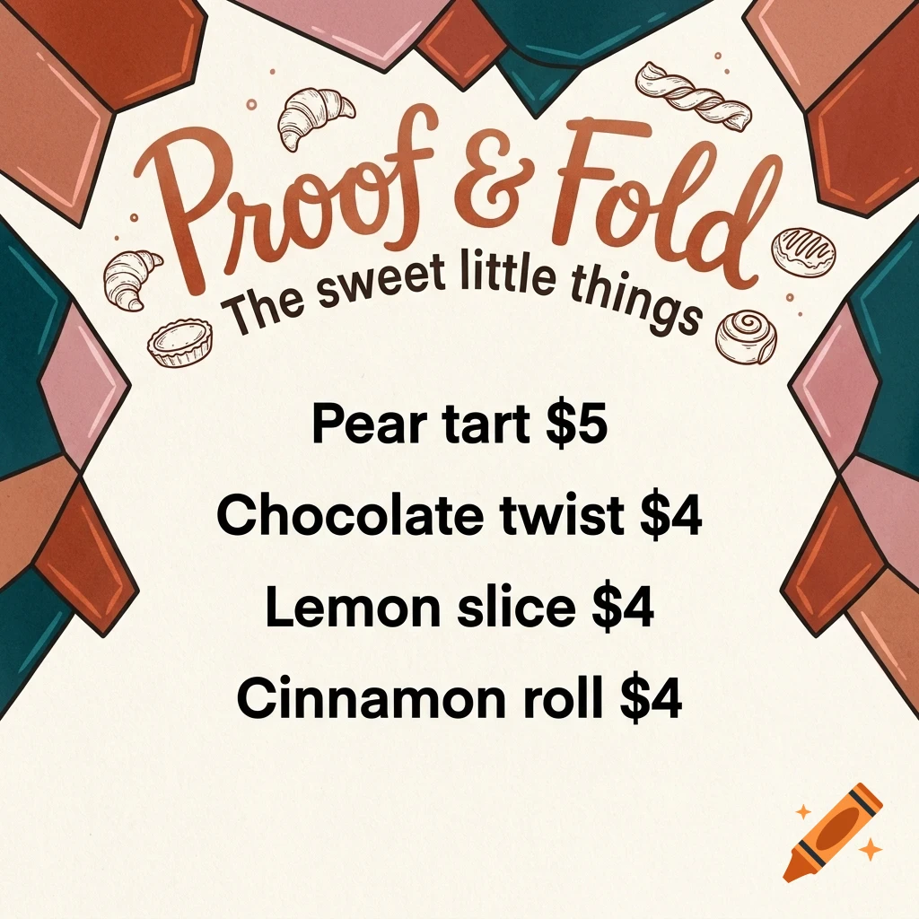 An illustrated menu for Proof & Fold listing pastries and prices with decorative borders.