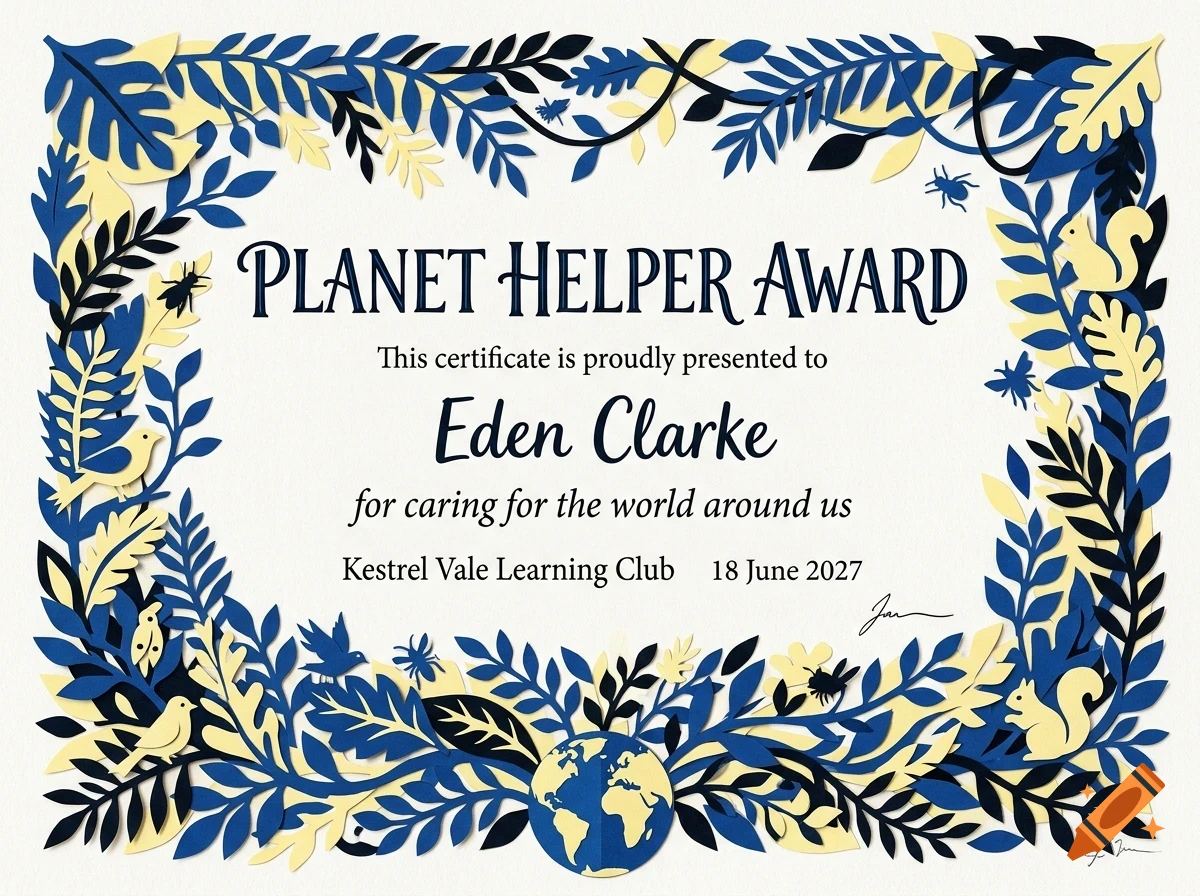 An award certificate with a blue and yellow paper-cut floral border, featuring the text PLANET HELPER AWARD.