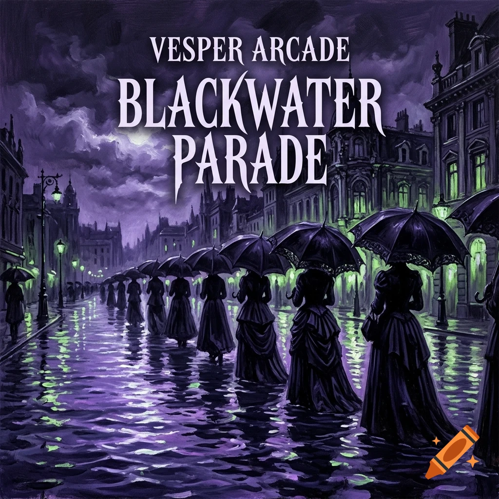 A line of people with umbrellas walking down a wet, glowing purple city street at night under a cloudy sky.