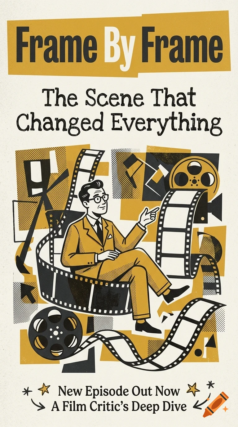An illustration of a man sitting inside a curling film strip, pointing, with movie reels, text reading Frame By Frame, and a retro yellow and black color scheme.