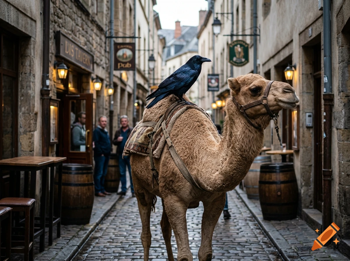 Photorealistic image of a camel with a crow sitting on its back walking down a cobblestone alley between old buildings.