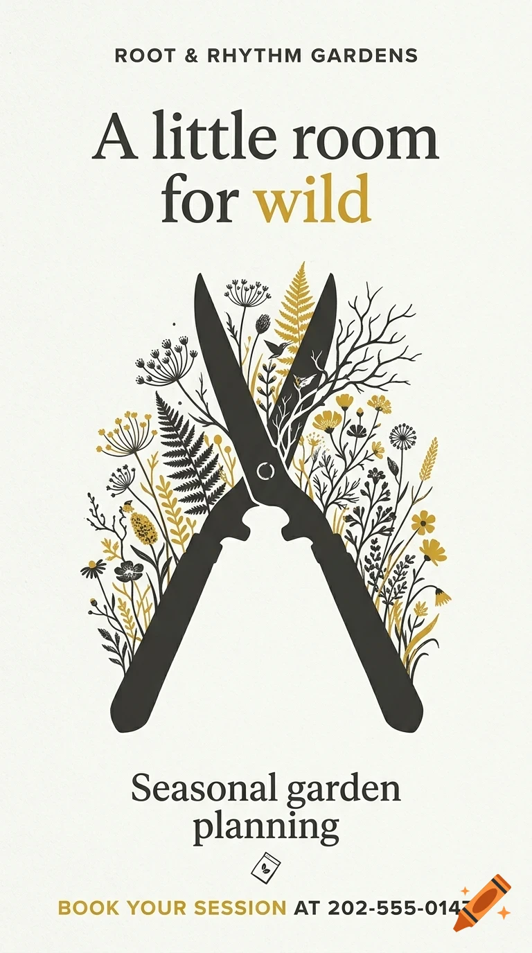A poster featuring garden shears surrounded by botanical illustrations and text reading Root & Rhythm Gardens, A little room for wild.