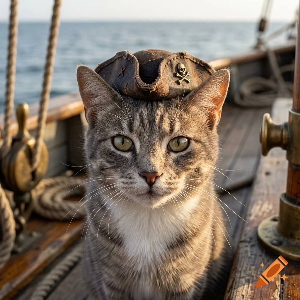 Close-up photorealistic portrait of a tabby cat wearing a miniature pirate hat on the deck of a wooden ship at sea.