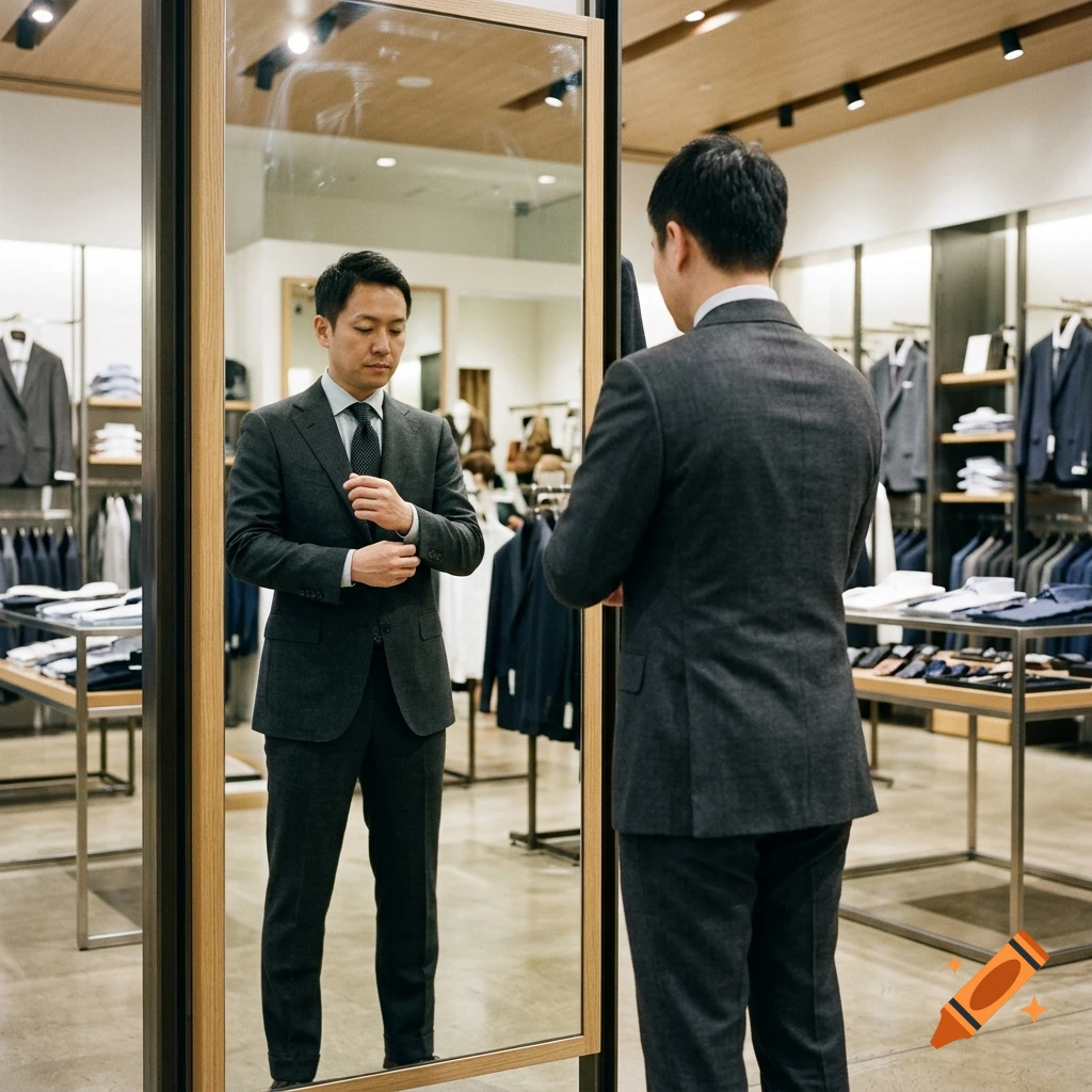 A man in a dark grey suit looking in a mirror inside a clothing store, photorealistic.