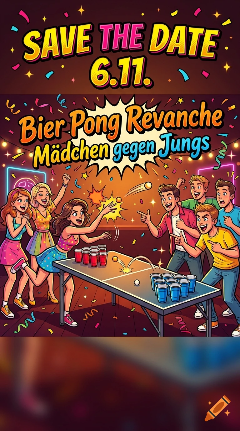 Colorful cartoon style party invitation showing girls and boys playing beer pong with cups and a bouncing ping pong ball.