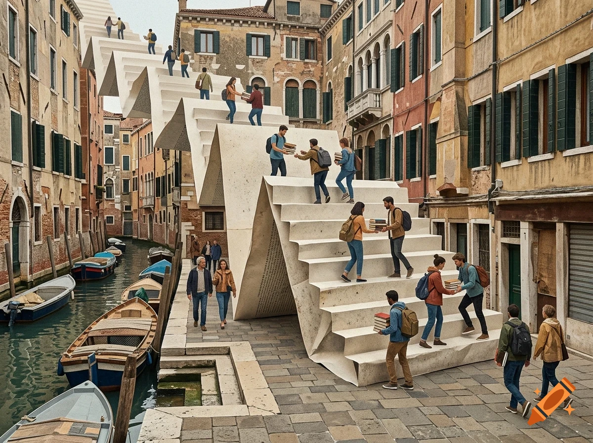 People walking on a giant accordion-folded paper staircase set along a canal street lined with historic buildings and moored boats.