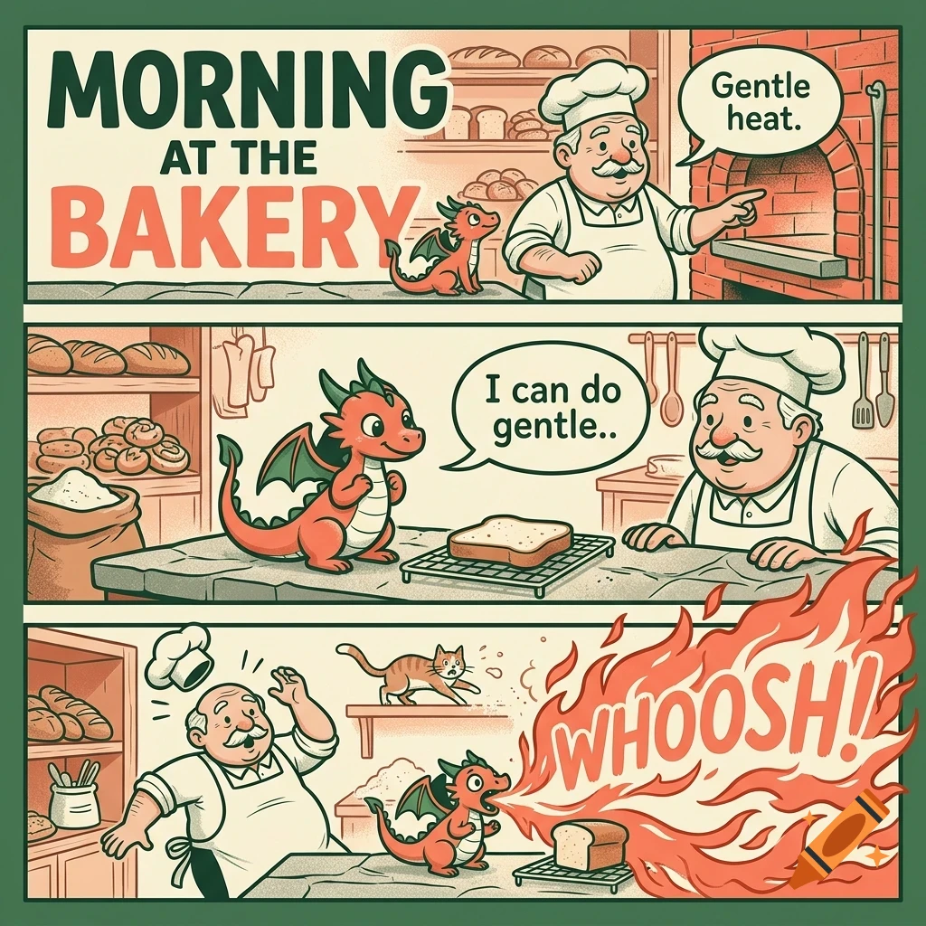 A three-panel comic strip depicting a baker and a small red dragon in a bakery, where the dragon accidentally breathes a large burst of fire.