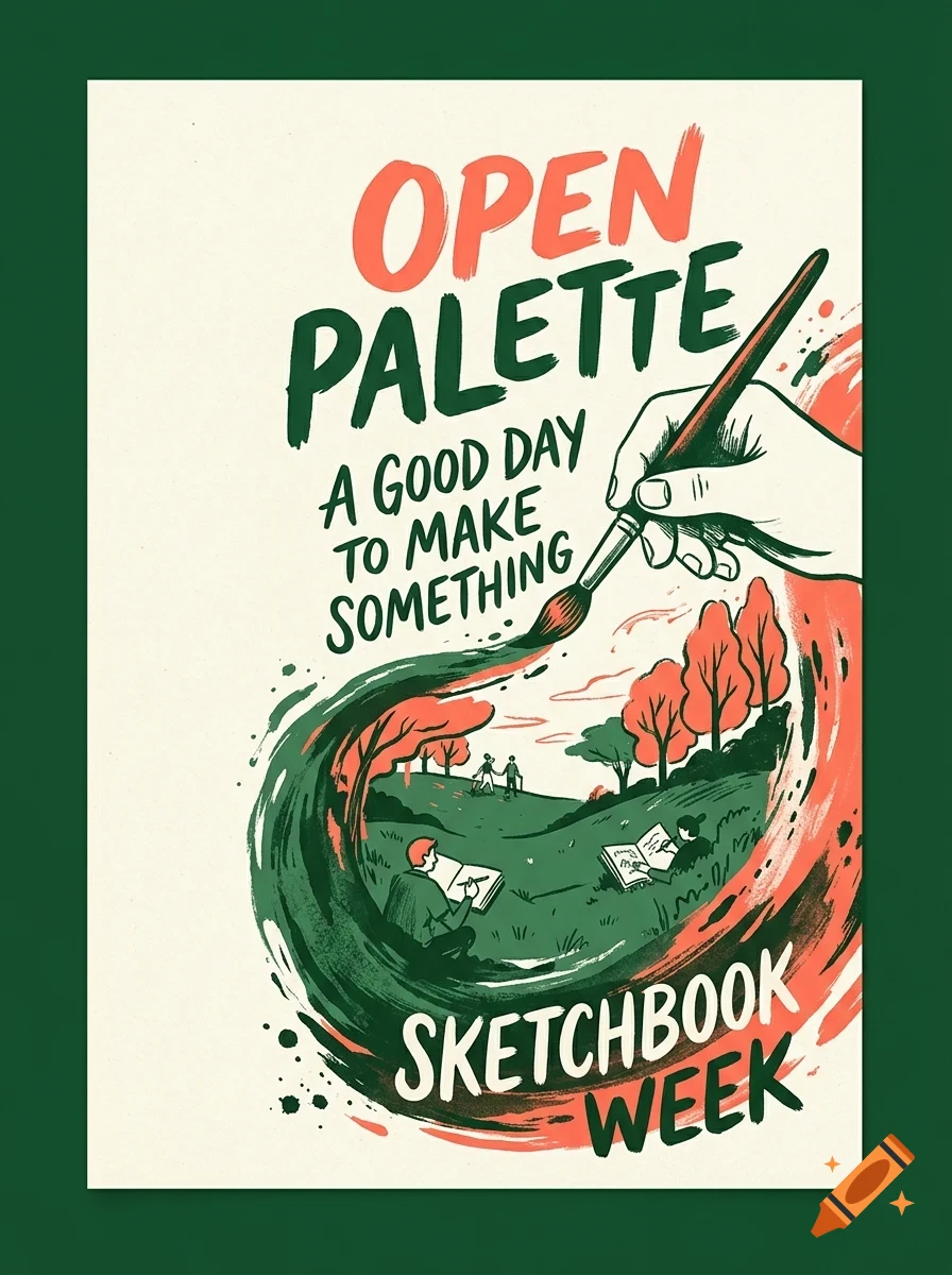 An illustrated poster with lettering reading OPEN PALETTE and A GOOD DAY TO MAKE SOMETHING, showing a hand with a paintbrush creating a landscape scene with people sketching.