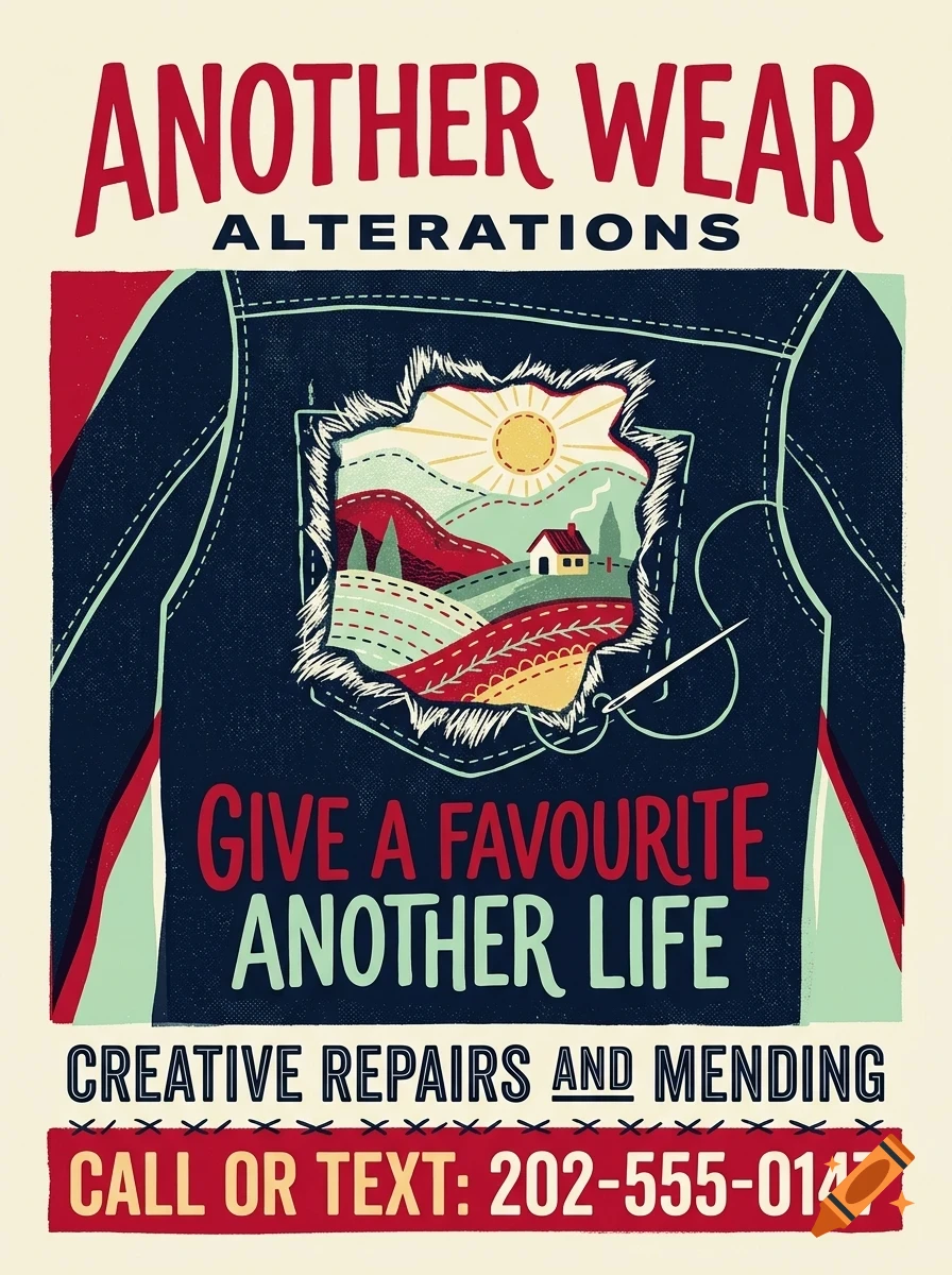 An illustration of a denim jacket with a torn pocket revealing a landscape of rolling hills, a sun, and a cottage, accompanied by lettering about alterations.