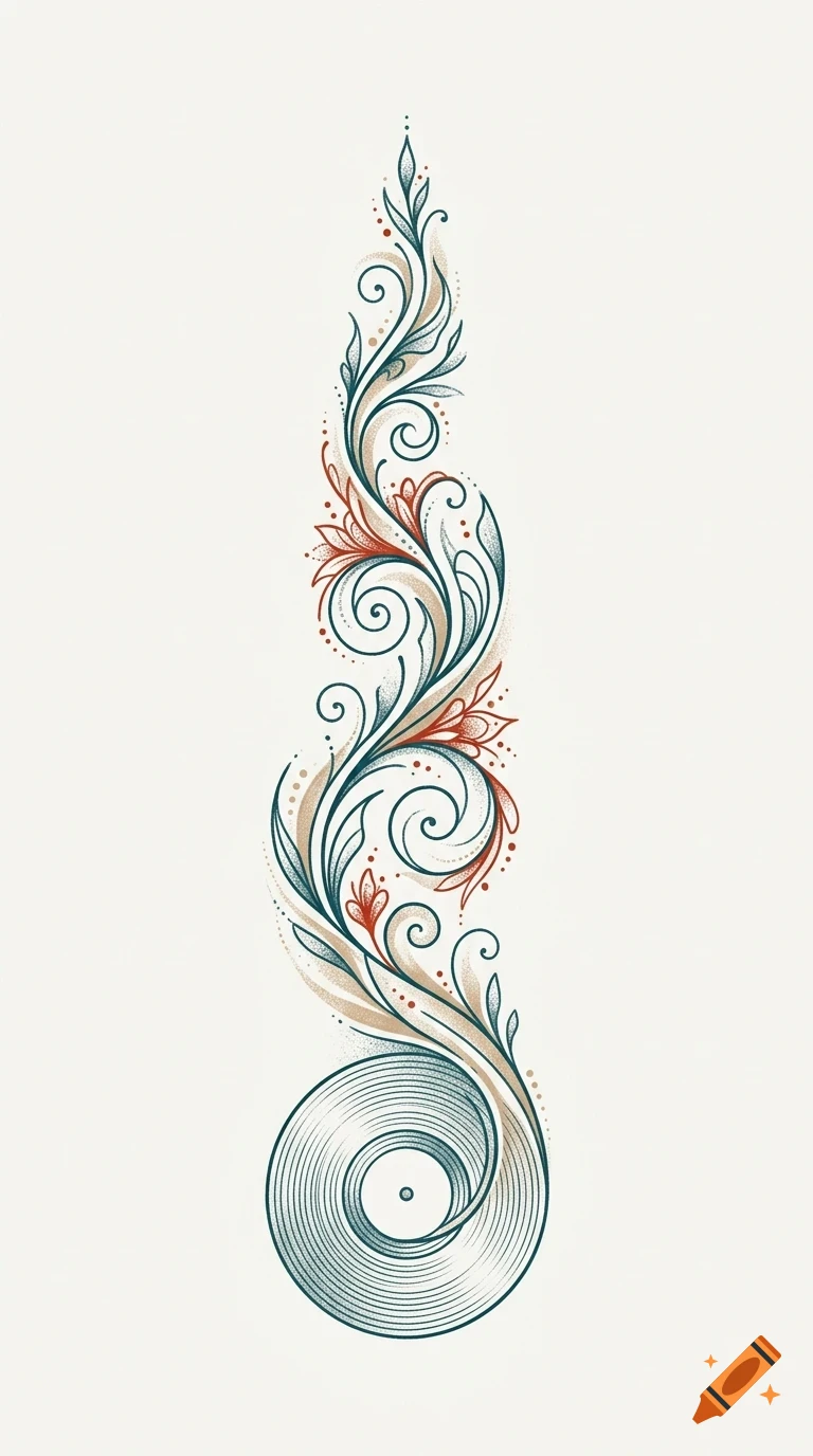An ornate, vertical decorative design featuring swirling linework and floral elements sprouting from a circular vinyl record-like shape.