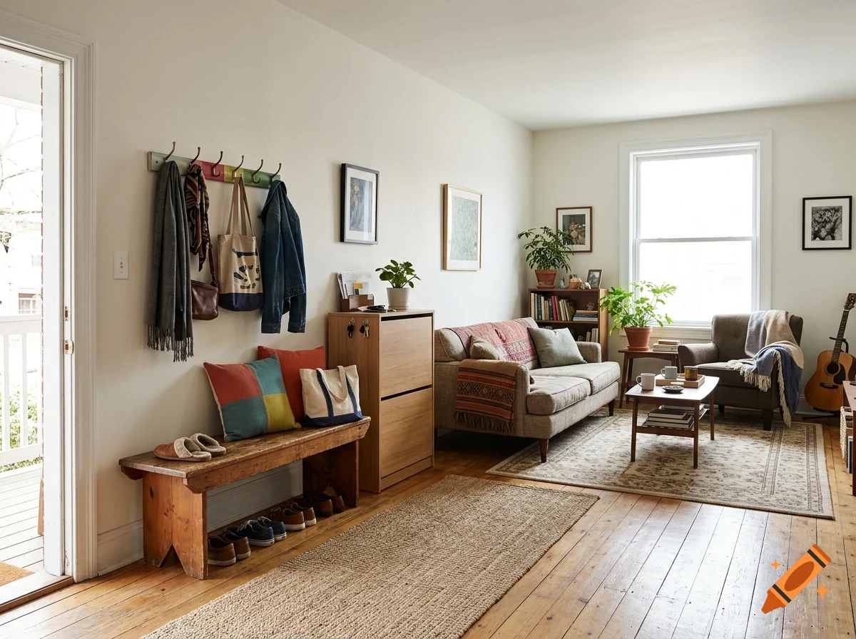 A cozy, bright living room interior with a wooden bench, hooks with jackets, a sofa, coffee table, and plants.